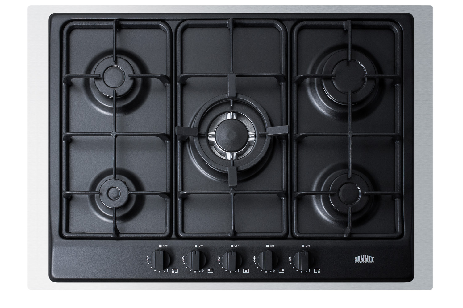 5-burner gas cooktop made in Italy in black matte finish with sealed burners, cast iron grates, wok stand, and stainless steel frame to allow installation in 30